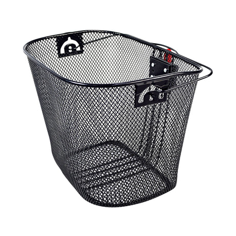 Premium Universal Wire Basket with Quick-Release Mounting Hardware for Bicycles & Scooters, featuring a strong, lightweight steel mesh design and a red handle for easy detachment and portability.