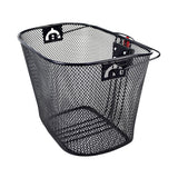 Premium Universal Wire Basket for Bicycles & Scooters (Missing Hardware) featuring a sturdy, lightweight steel mesh design with a red handle and quick-release mounting clamp for easy attachment and removal.