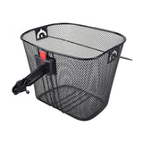 Premium Universal Wire Basket with Quick-Release Mounting Hardware for Bicycles & Scooters, showing a black metal mesh basket with a clip on the side and a red tag, designed for easy mounting and removal.