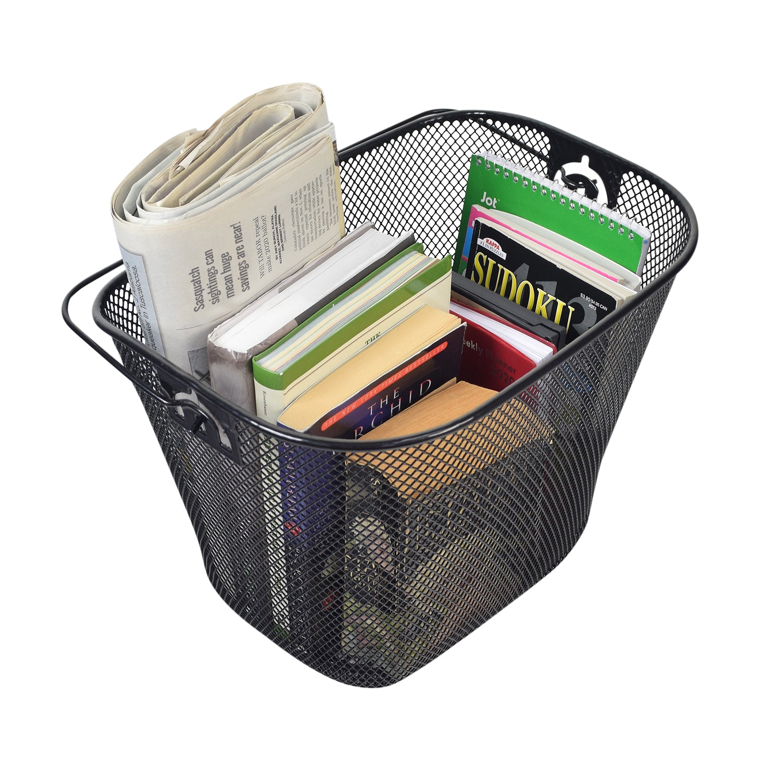 Premium Universal Wire Basket with Quick-Release Mounting Hardware for Bicycles & Scooters, featuring a wire mesh design, filled with books and newspapers, and a handy loop handle for easy carrying.