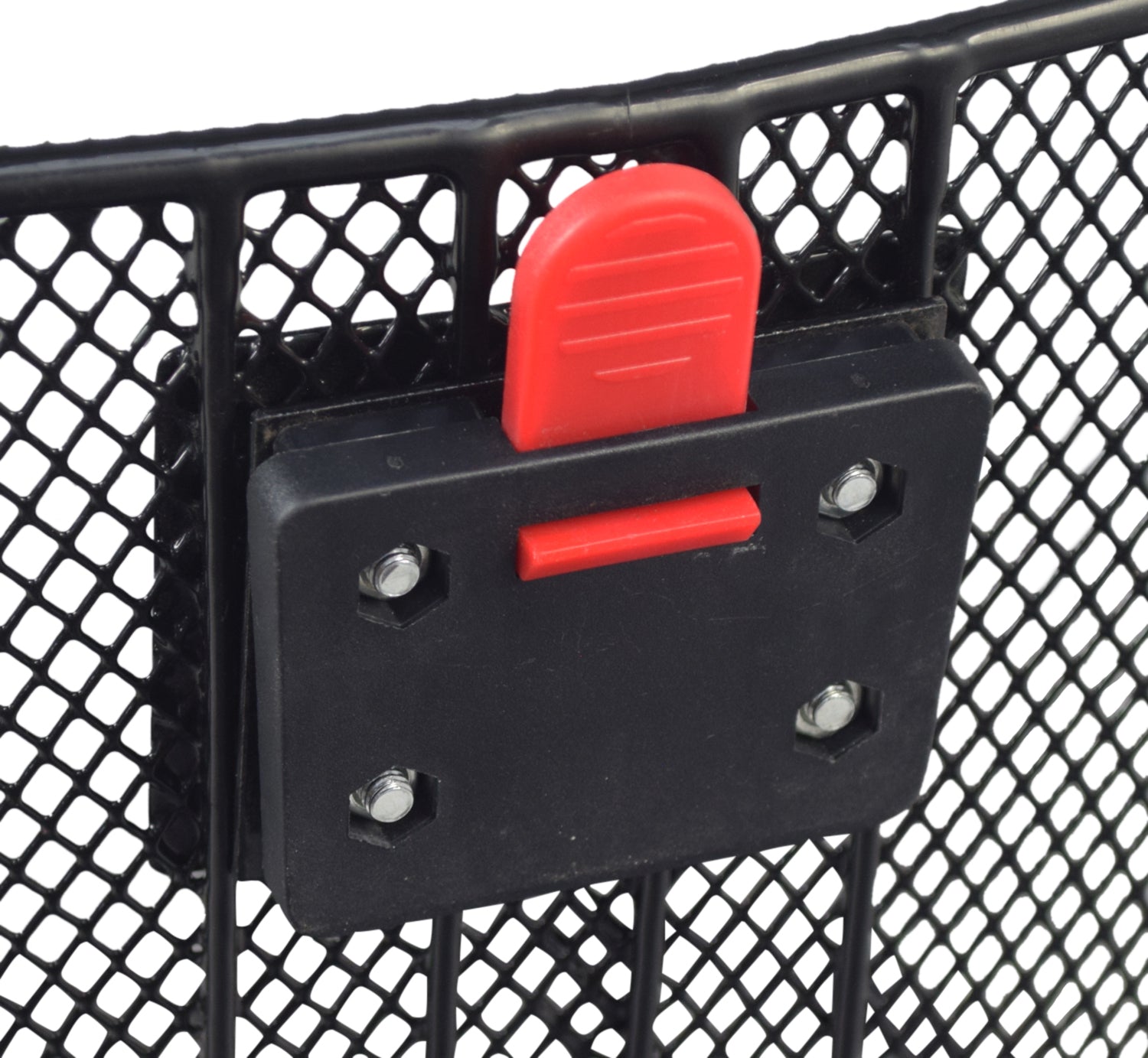 Premium Universal Wire Basket with Quick-Release Mounting Hardware for Bicycles & Scooters, featuring a sturdy steel mesh design with a red handle and bolts for secure attachment.