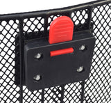 Premium Universal Wire Basket with Quick-Release Mounting Hardware for Bicycles & Scooters, featuring a sturdy steel mesh design with a red handle and bolts for secure attachment.