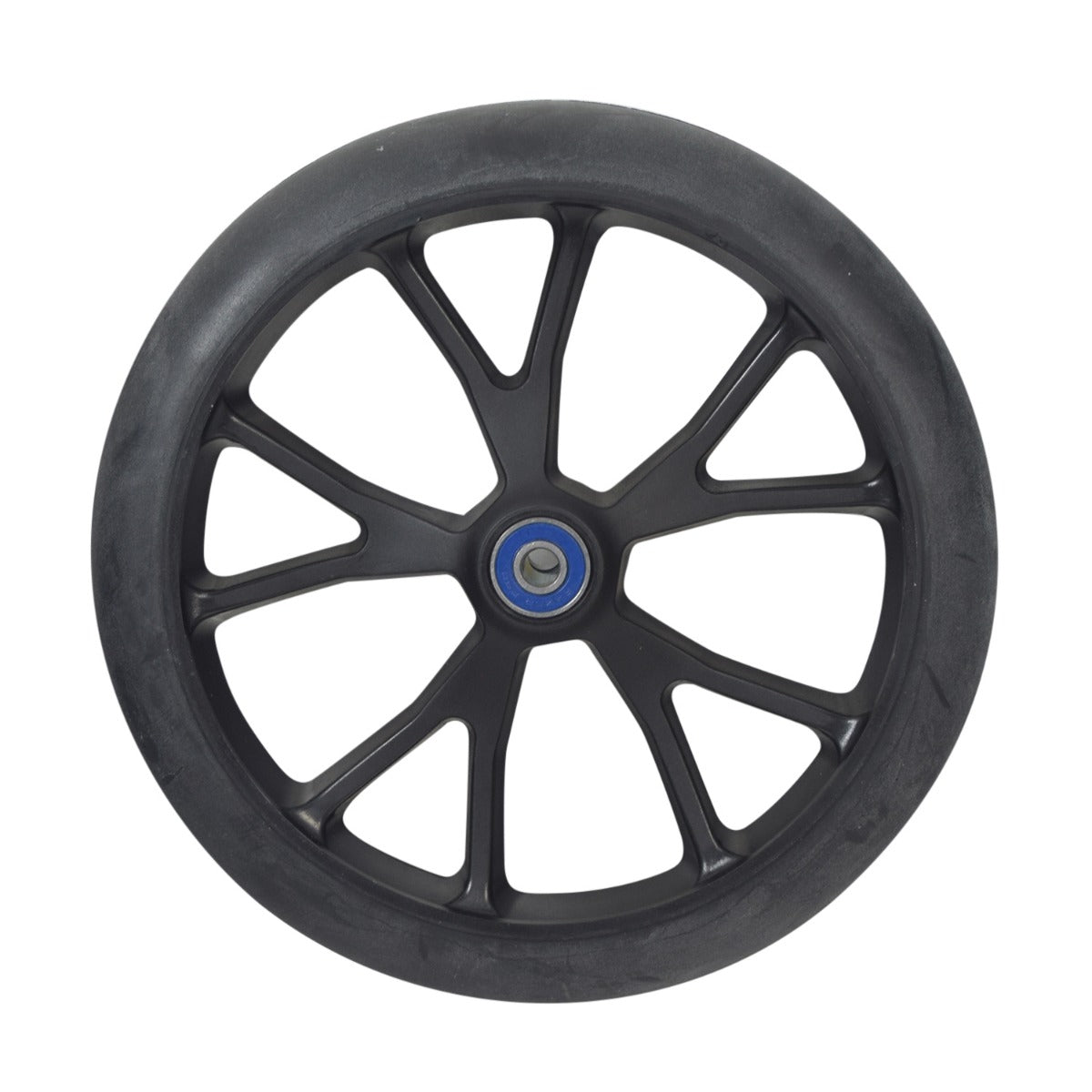 200 mm Y-Spoke Wheel with Bearings for the Razor E Prime Scooter, featuring a black tire, blue center, and pre-installed 608RS bearings on a five Y-spoke rim with solid flat-free polyurethane tire.