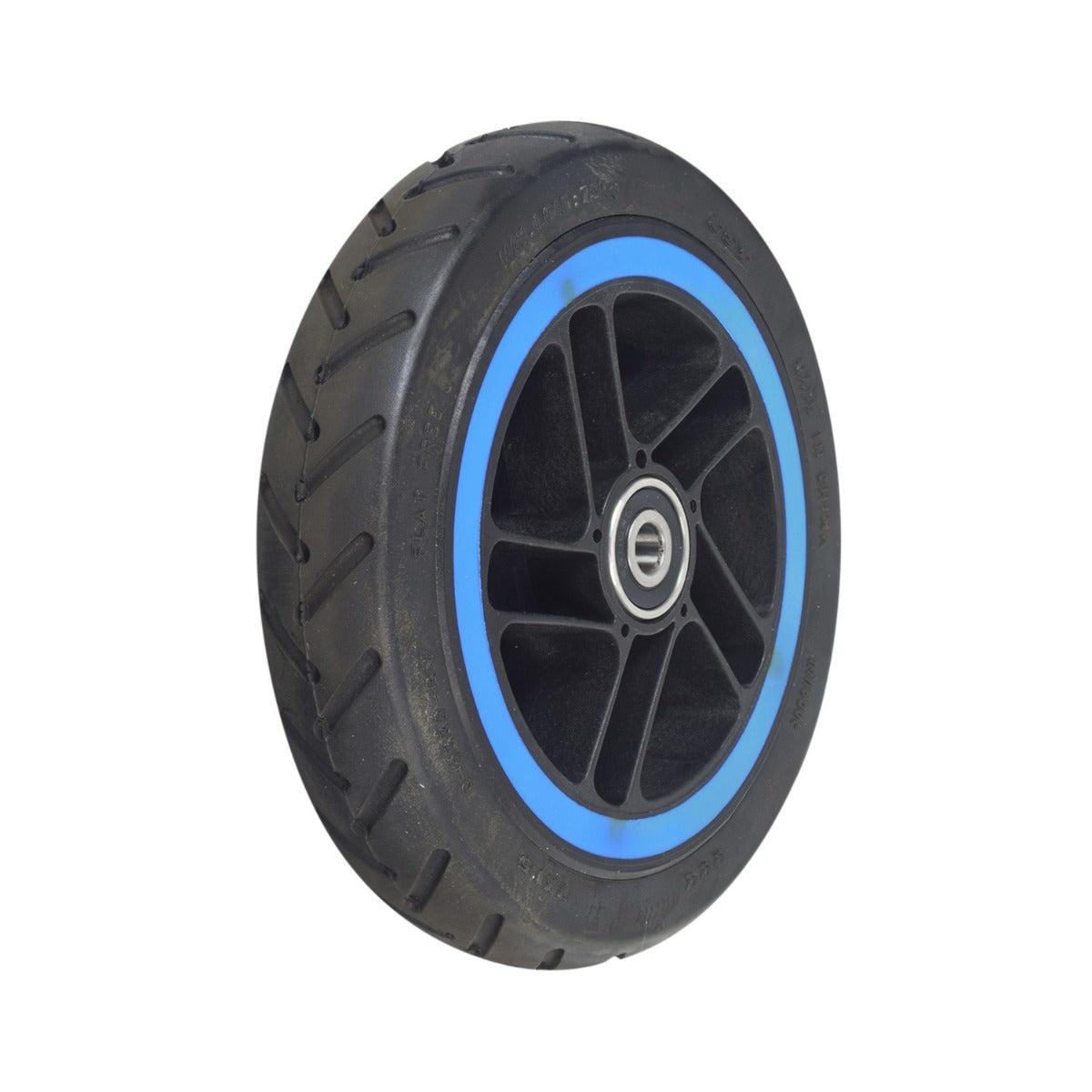 Front Wheel Assembly for the Ninebot ZING E10, featuring a solid 7 x 1.5 flat-free tire on a 5-spoke black rim with blue trim, including two pre-installed 6200RS bearings.