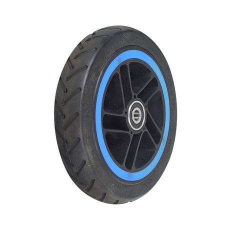 Front Wheel Assembly for the Ninebot ZING E10, featuring a solid 7 x 1.5 flat-free tire on a 5-spoke black rim with blue trim, including two pre-installed 6200RS bearings.