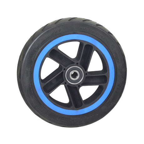 Front Wheel Assembly for the Ninebot ZING E10, showcasing a solid 7 x 1.5 flat-free tire on a 5-spoke black rim with blue trim, including pre-installed 6200RS bearings.