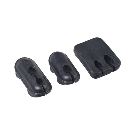 Rubber Grommet Set for the Ninebot ZING E10 eKickScooter, featuring a close-up of three black silicone grommets with distinct split designs for cable management and moisture sealing.