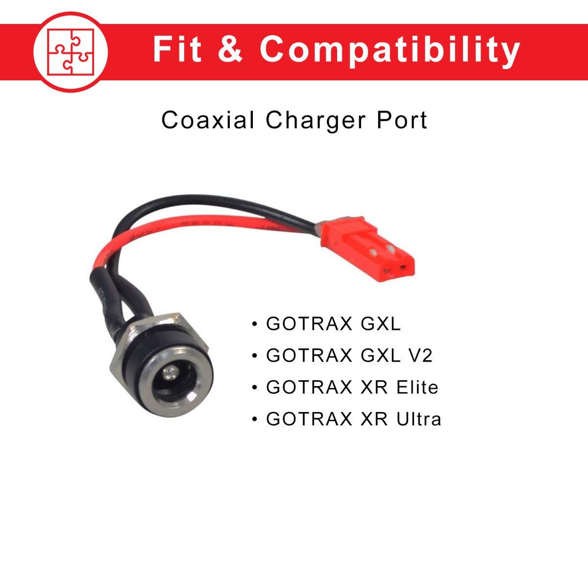 Coaxial Charger Port for GOTRAX GXL, GXL V2, G4, Flex, & XR Ultra Electric Scooters showing a close-up of the plug and cable with a 2-wire harness.