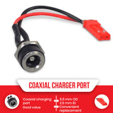 Coaxial Charger Port for GOTRAX GXL, GXL V2, G4, Flex, & XR Ultra Electric Scooters, featuring a close-up of the black and red electrical wire and plug component.