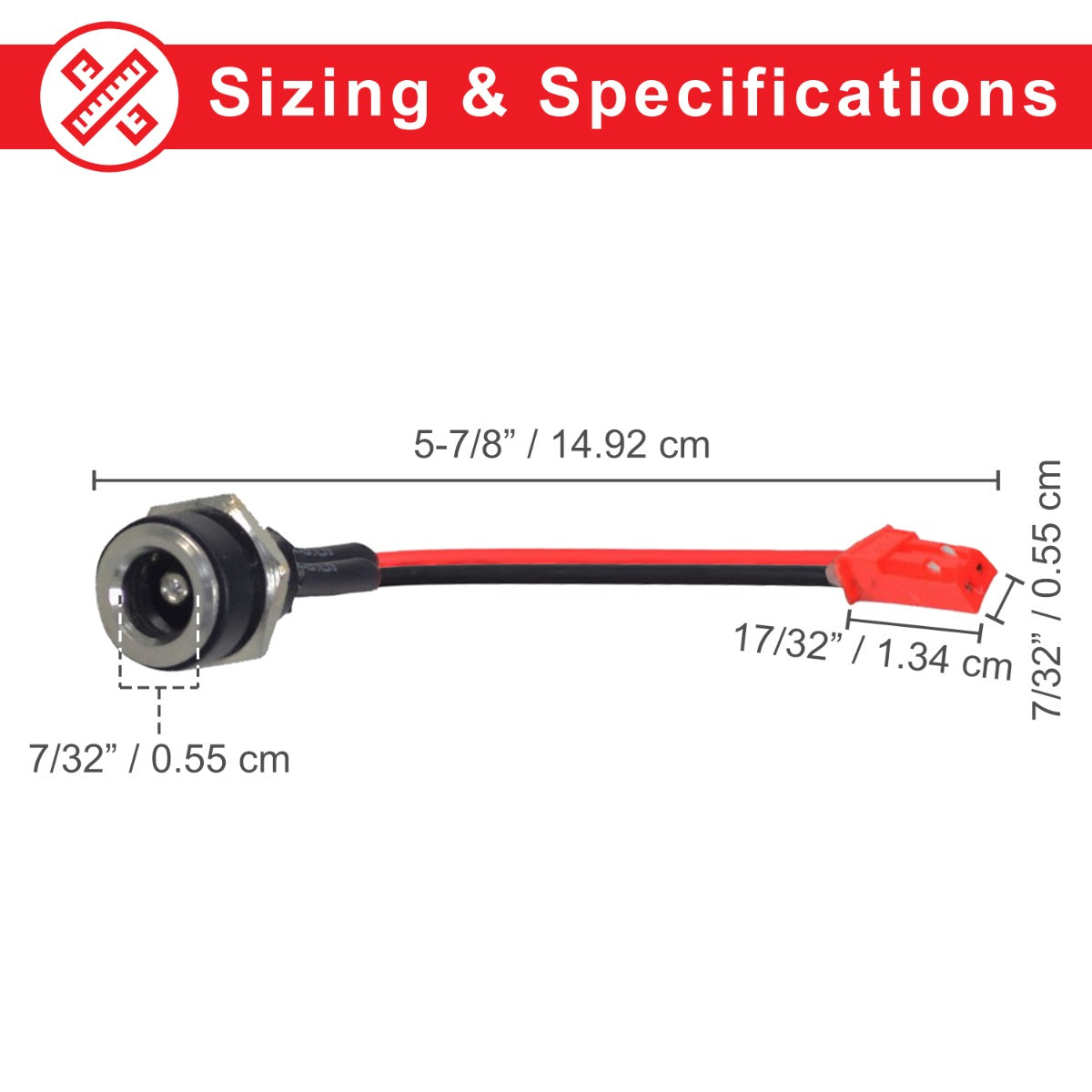 Coaxial Charger Port for GOTRAX GXL, GXL V2, G4, Flex, & XR Ultra Electric Scooters, featuring a 2-wire harness and a metal port designed for a 5.5 mm OD and 2.5 mm ID coaxial plug.