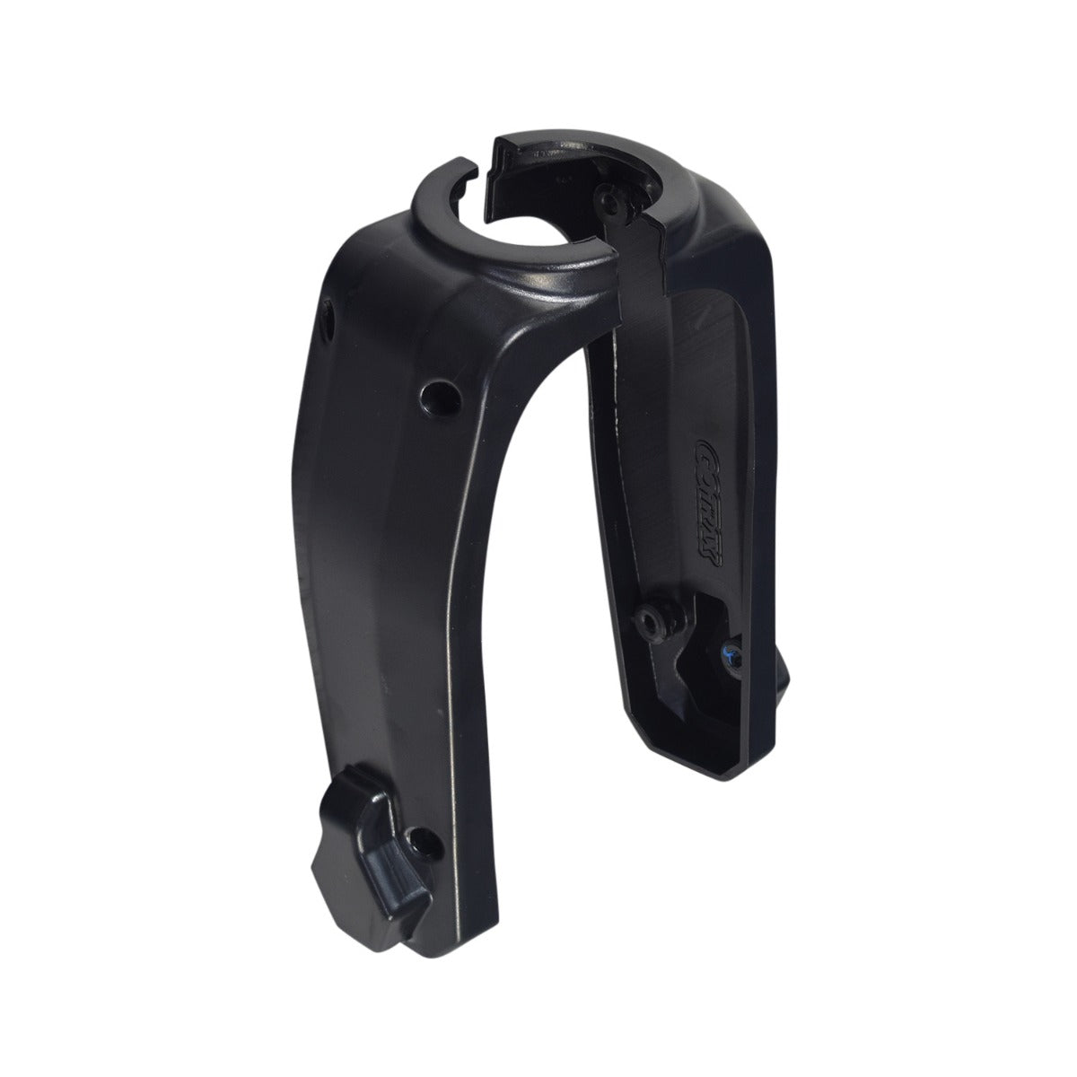 Plastic Fork Cover for the GOTRAX GXL V2 Electric Scooter, featuring a black plastic object with mounting screws and a circular hole, designed to protect and enhance the front wheel fork.