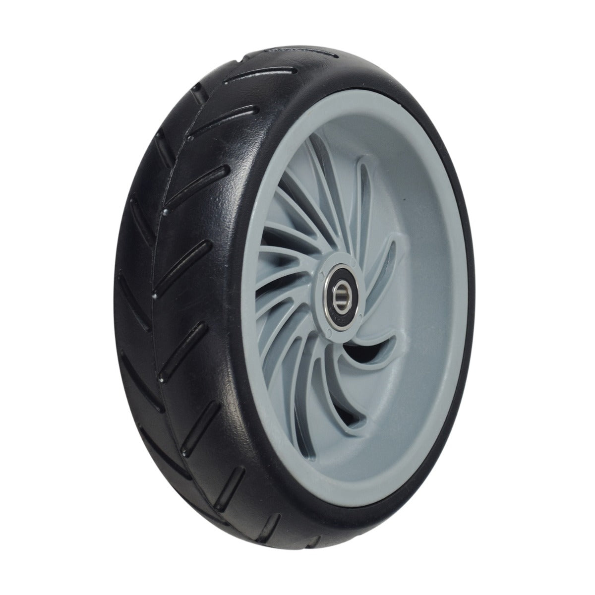 Front Wheel Assembly for the GOTRAX GKS Electric Scooter featuring a solid 6 flat-free tire on a 10-spoke black rim, with pre-installed 608RS bearings visible in a close-up view.