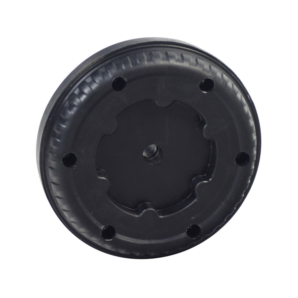 Rear Wheel for the Kidzone Ride-On Toy Bumper DIY Race Car, a black round plastic disc with multiple holes and a 3/8 diameter bore for the axle.