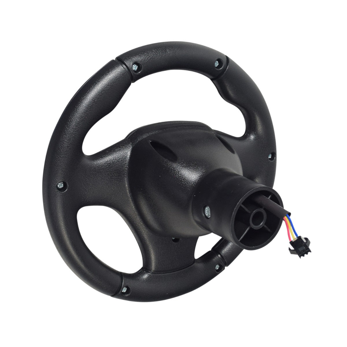 Steering Wheel for Children's Electric Toy Cars: A black plastic steering wheel with attached wires, featuring an 8-15/32 width and a 1-3/5 diameter center post, designed for various ride-on toy models.