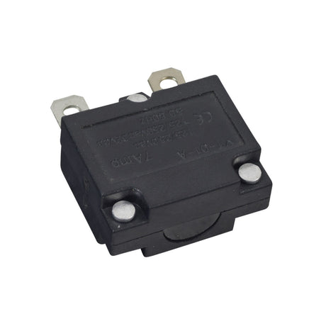 7 Amp Circuit Breaker for the Kidzone 6V Ride-On Toy Bumper DIY Race Car; black square unit with visible metal screws, designed to protect the motor from electrical overloads.