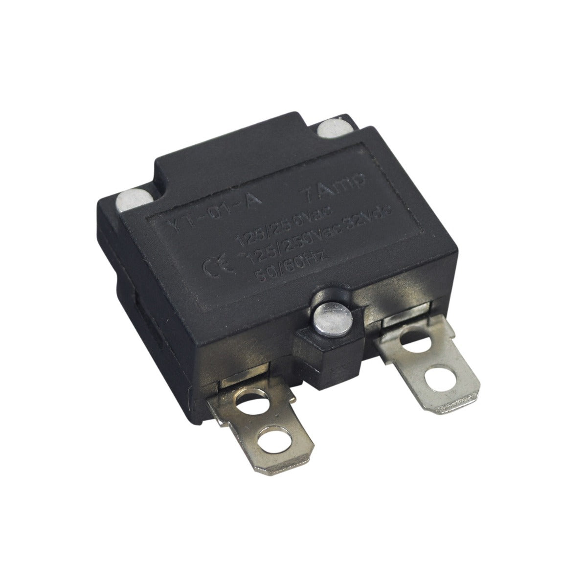 7 Amp Circuit Breaker for Flybar Electric Bumper Cars, featuring metal screws and close-up views of its components, designed to protect the motor from electrical overloads.