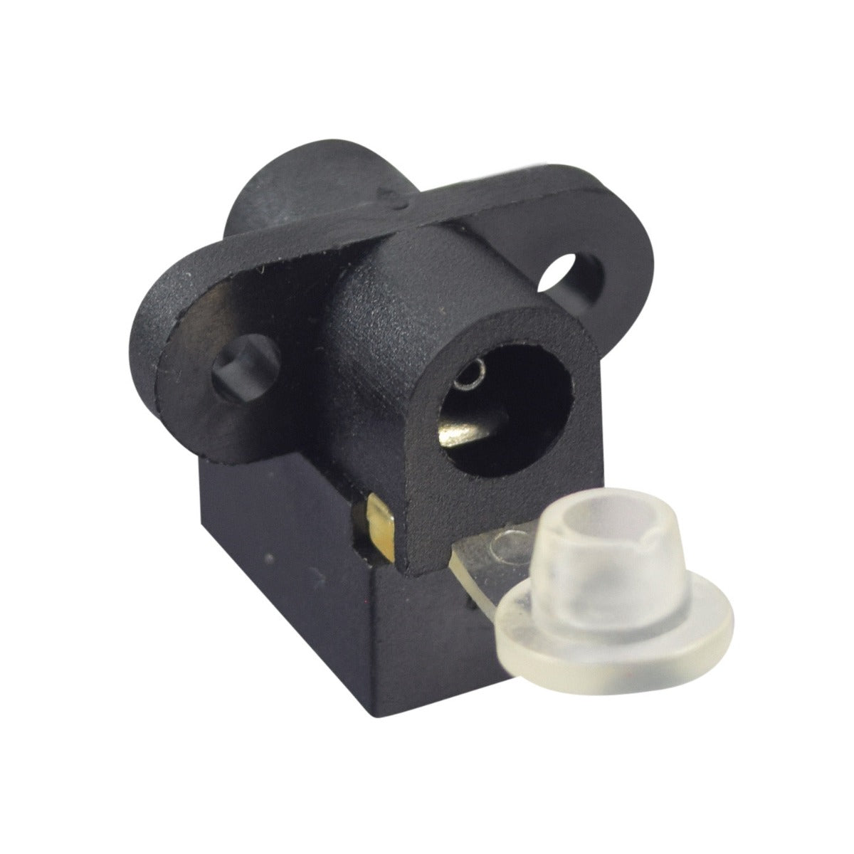 Coaxial Charging Port for the Kidzone Ride-On Toy Bumper DIY Race Car, featuring a plastic cap and three connector pins, designed for a 5.5 mm female coaxial aperture with weather-proof rubber cover.