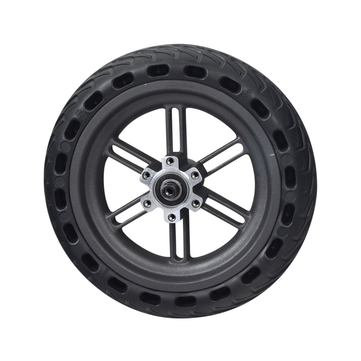 Rear Wheel Assembly for the Hiboy® S2 Electric Scooter featuring an 8.5x2.0 solid tire on a dark gray, 6-spoke rim with five mounting holes and pre-installed 6001RS wheel bearings.