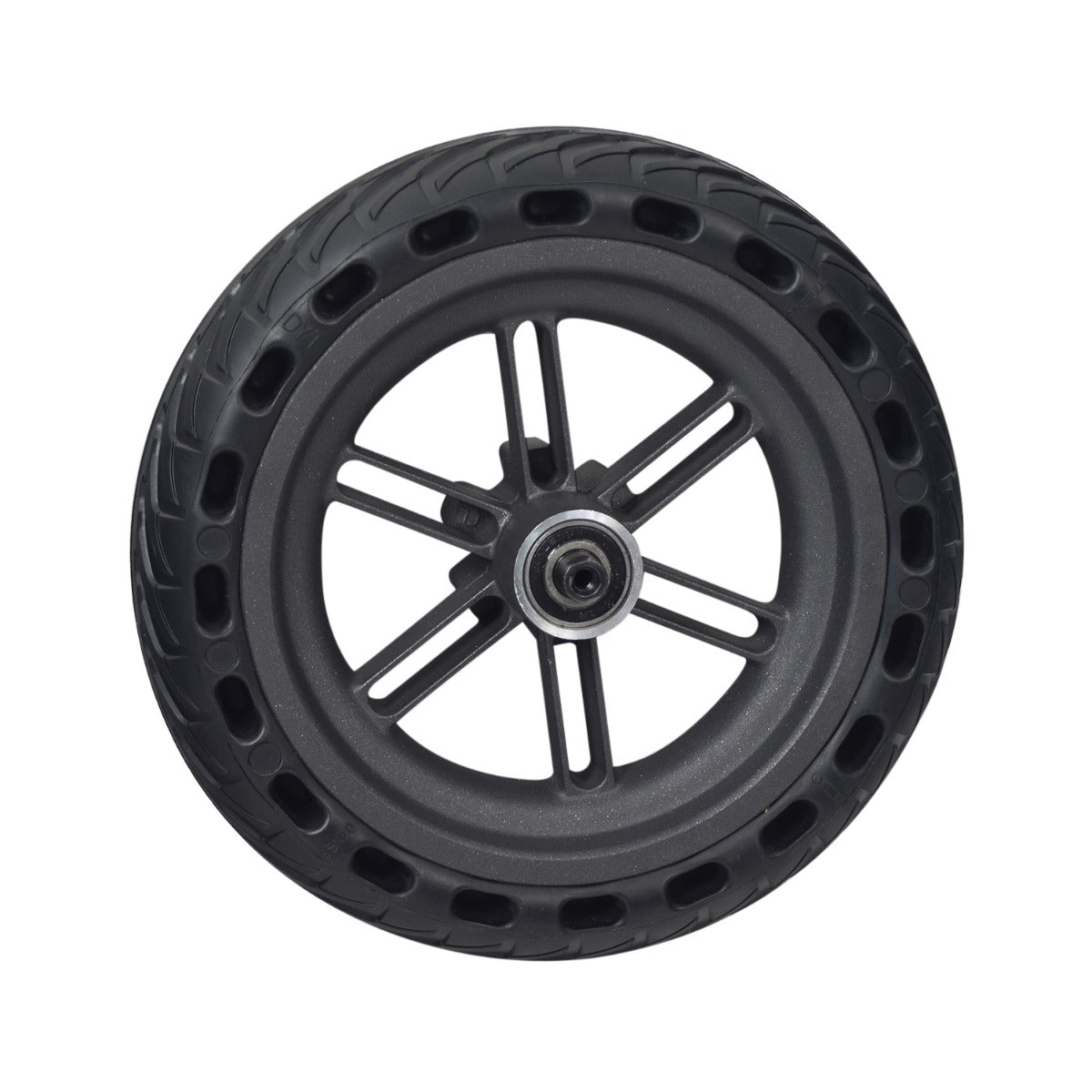 Rear Wheel Assembly for the Hiboy® S2 Electric Scooter featuring a solid 8.5x2.0 tire on a dark gray, 6-spoke rim with five mounting holes for the brake disc and pre-installed wheel bearings.