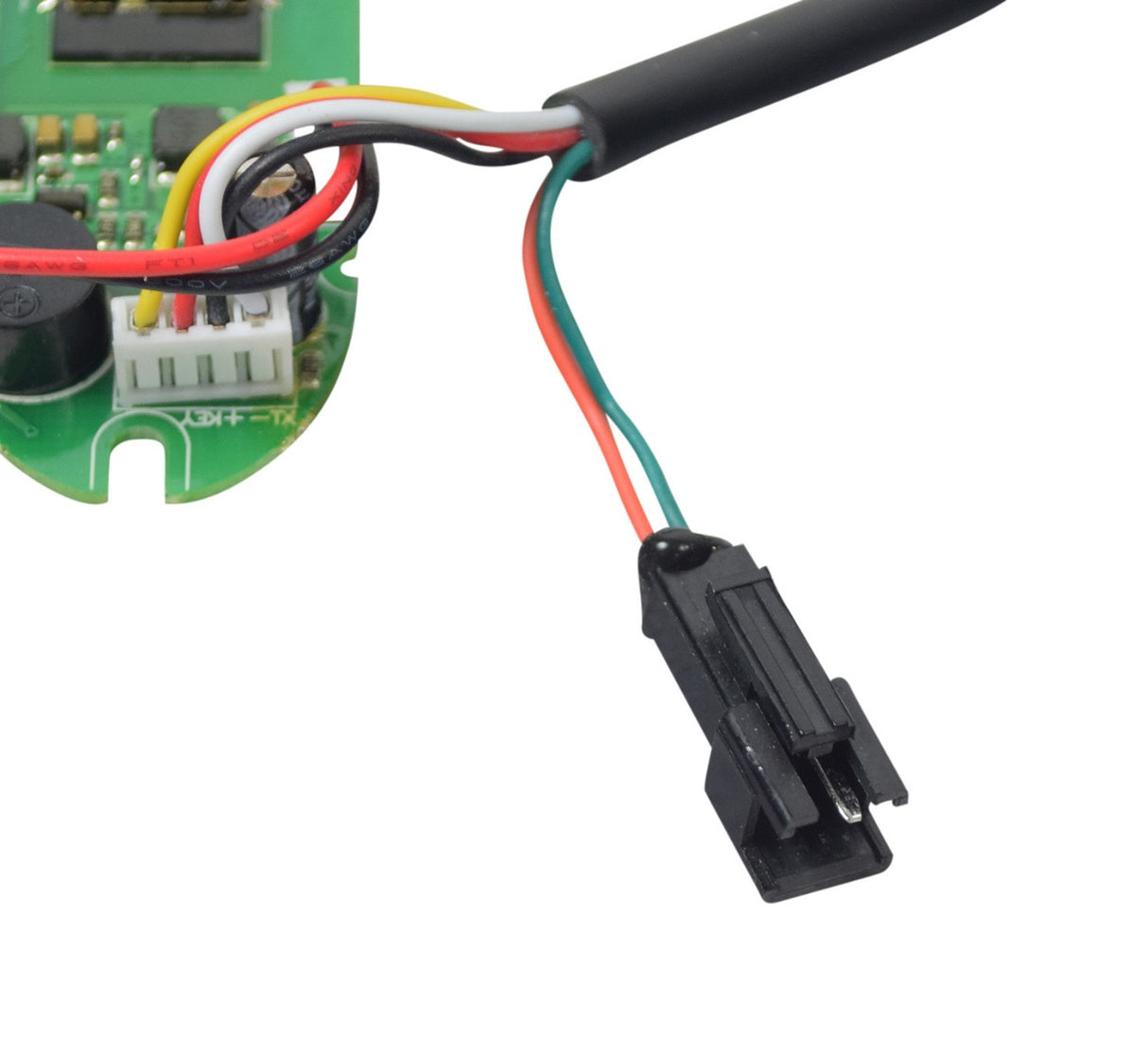 Close-up of the LCD Speedometer & Power Button with Wiring Harness for the Hiboy® S2 Electric Scooter, showcasing circuit components, colored wires, and the mounted display.