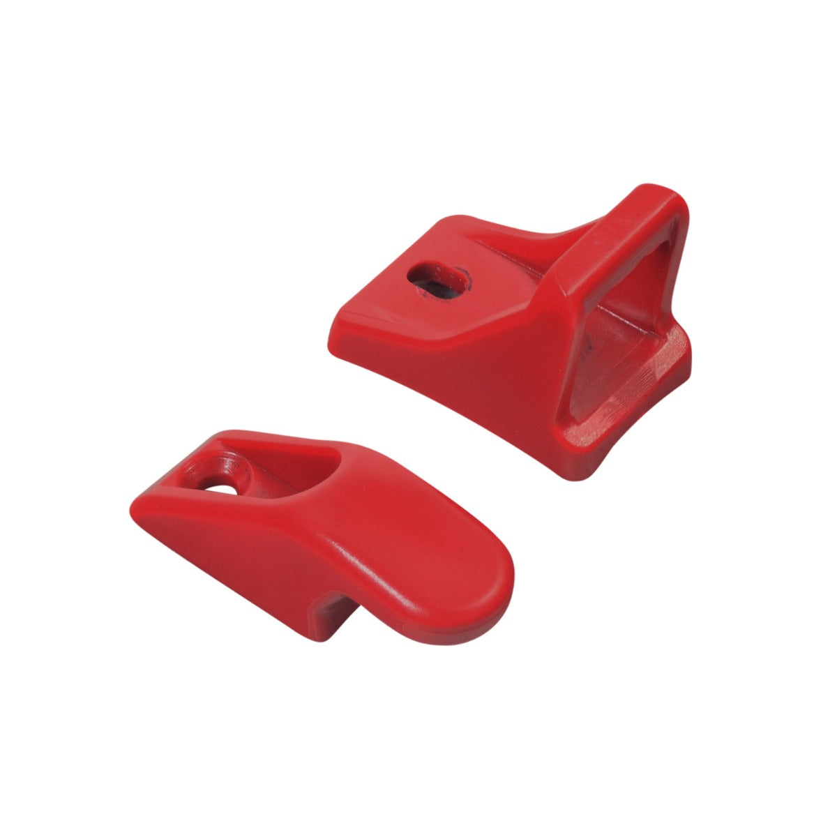 Plastic Hook & Latch Set for GOTRAX Apex, Apex LE, & Apex XL Electric Scooters, showing a red plastic object with a hole, designed to secure the handlebar stem in a folded position.