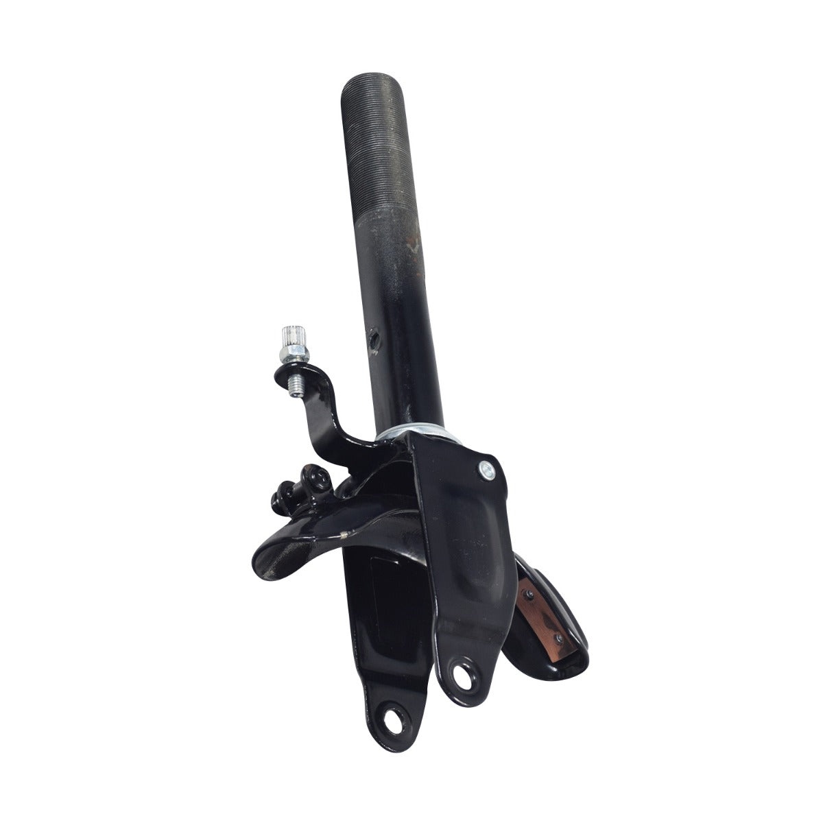 Front Fork Assembly for the Razor Power Core E90 Sprint Electric Scooter, featuring a black metal structure with handle, integrated screws, front fender, and brake mechanism for efficient wheel control.