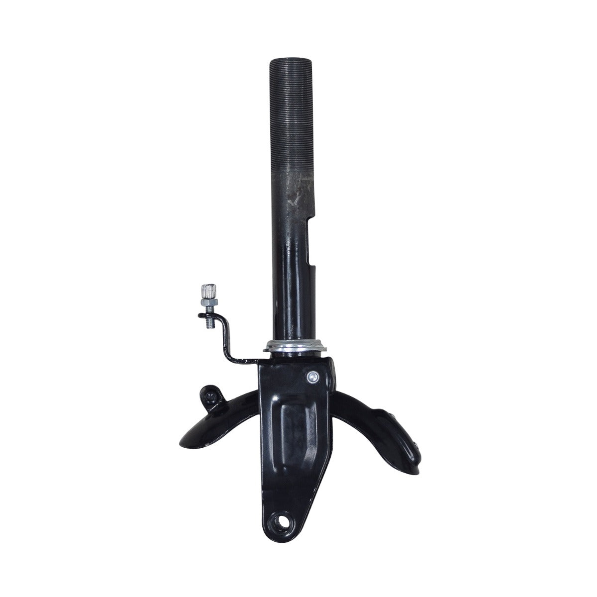 Front Fork Assembly for the Razor Power Core E90 Sprint Electric Scooter, featuring a black metal object with a handle, cylinder, and integrated brake mechanism.