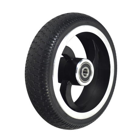 Rear Wheel Assembly for the Hover-1 Rally Electric Scooter featuring a solid urethane tire and integrated 3-spoke silver rim with pre-installed bearings.