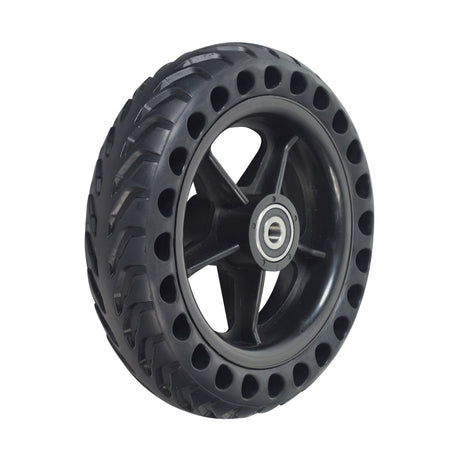 Front Wheel Assembly for the Megawheels S10 Electric Scooter, featuring a solid 8 honeycomb tire on a 5-spoke black plastic rim, with pre-installed 6200RS bearings.