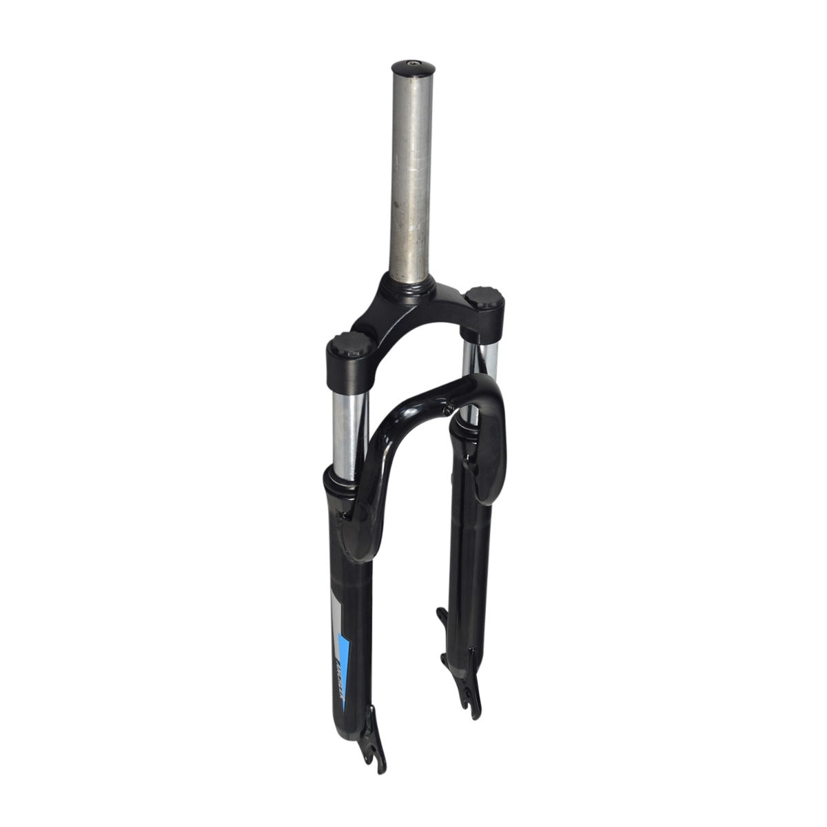 Front Fork Assembly for the ANCHEER 26 350W Electric Mountain Bike featuring robust twin shock absorbers designed for rugged trails, shown in a close-up view highlighting its black and silver finish.