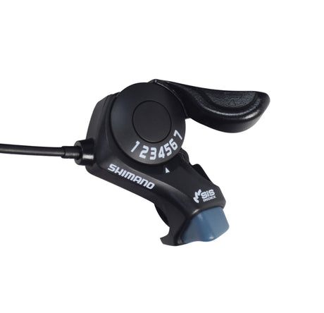 7-Speed Right Thumb Gear Shift Lever for the ANCHEER 26 350W Electric Mountain Bike, featuring a black handlebar with white text and a visible Shimano logo, including a 62-1/2 shift cable.