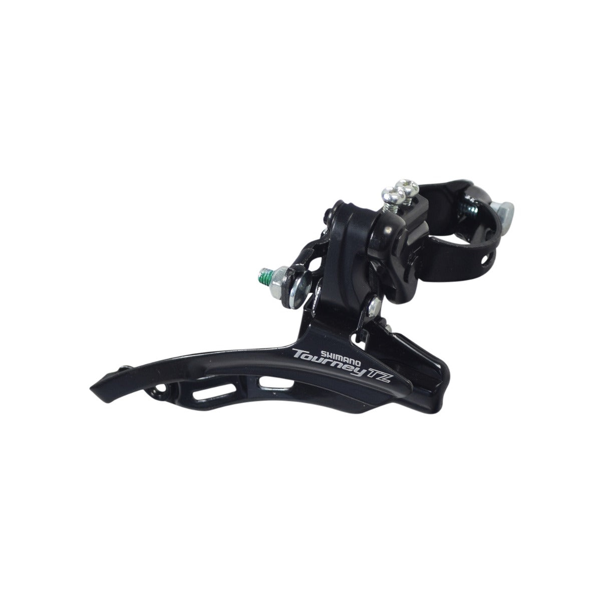 Down Swing Front Derailleur 3x8/7-speed for the ANCHEER 26 350W Electric Mountain Bike, featuring a black gear with visible screws and bolts, showcasing Shimano's high-quality metal alloy craftsmanship.