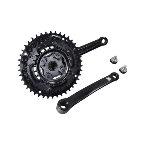 Crankshaft Set for the ANCHEER 26 350W Electric Mountain Bike, featuring a close-up of a black bicycle chainring and screws, showcasing the high-quality metal alloy construction.