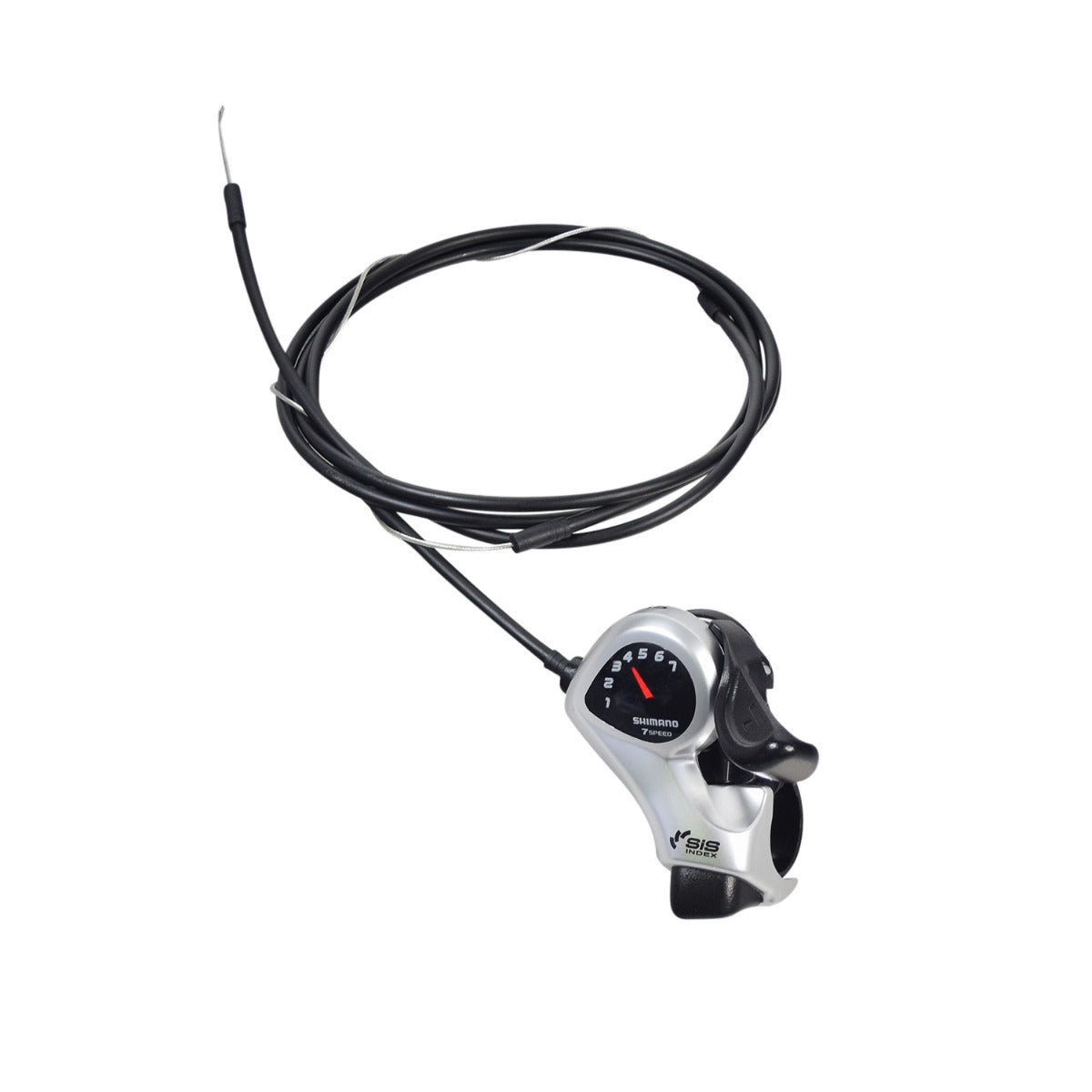 7 Speed Right Thumb Gear Shift Lever for Bicycles by Shimano, featuring a close-up of the integrated speedometer and attached 76 shift cable. Suitable for various bike brands like Swagtron and HeyBike.