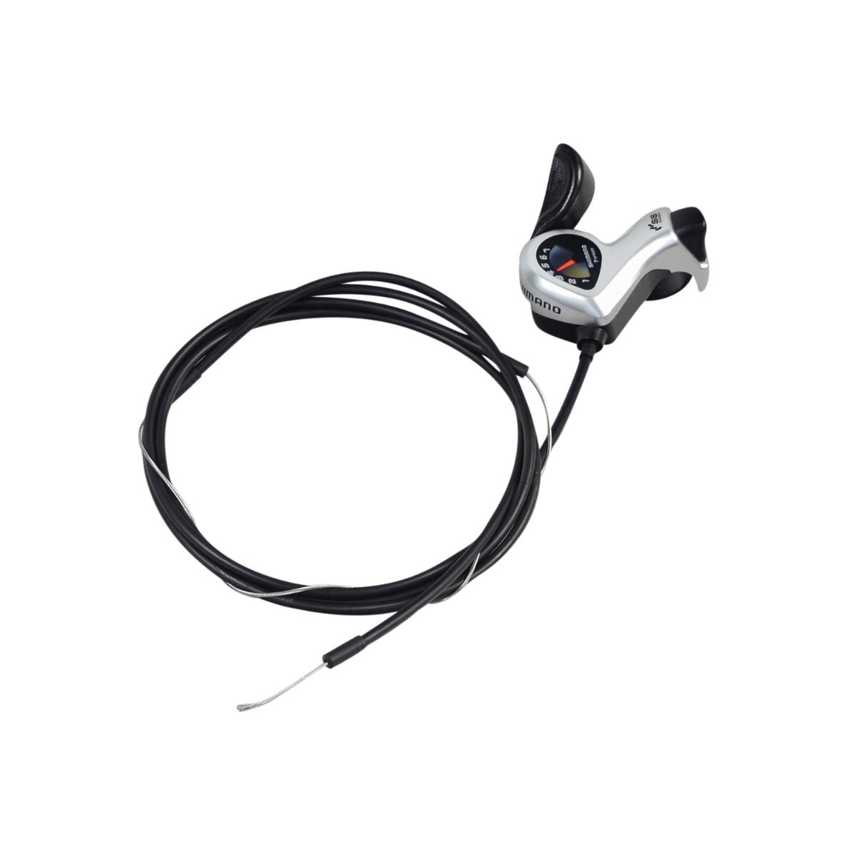 7-speed right thumb gear shift lever for the HeyBike Ranger electric bike, featuring a Shimano shifter with visible shift cable, close-up of the handlebar, brake cable, and gear mechanism.