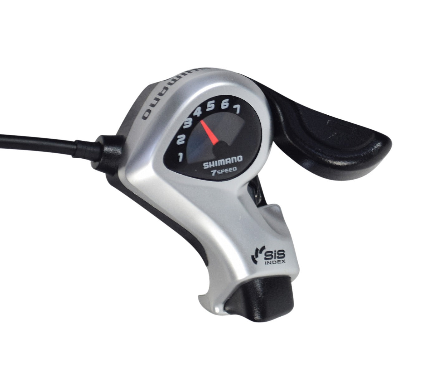 Close-up of the 7 Speed Right Thumb Gear Shift Lever for the Swagtron EB6 Bandit Fat Tire Electric Bike, featuring a speedometer with a red needle and Shimano's logo.