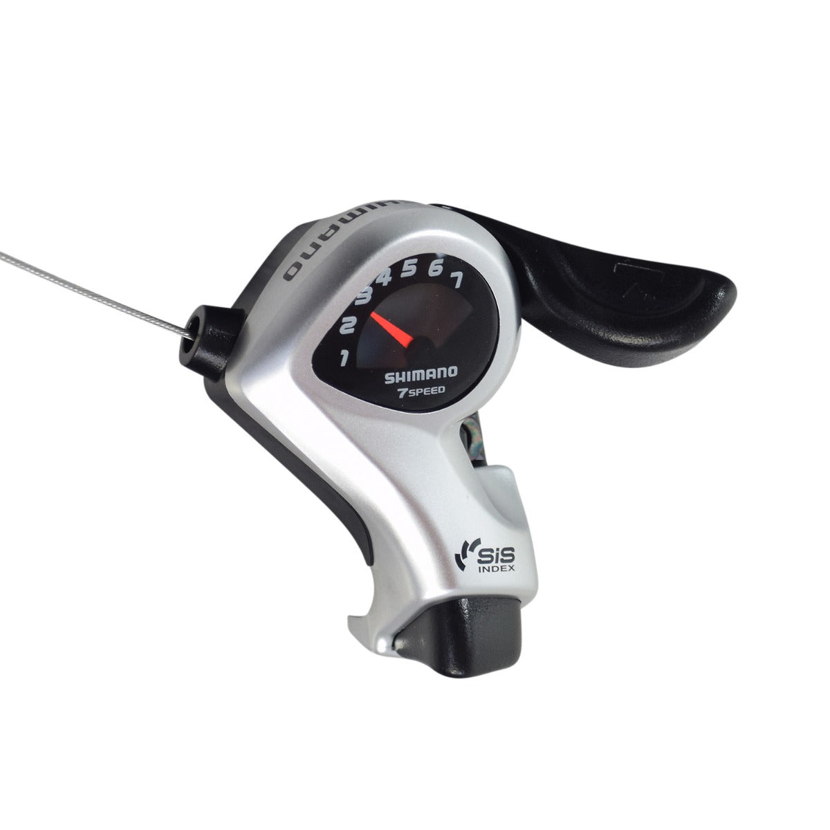 7 Speed Right Thumb Gear Shift Lever for Bicycles by Shimano, featuring a close-up of the handlebar-mounted speedometer with a red needle, connected to a 76 shift cable.