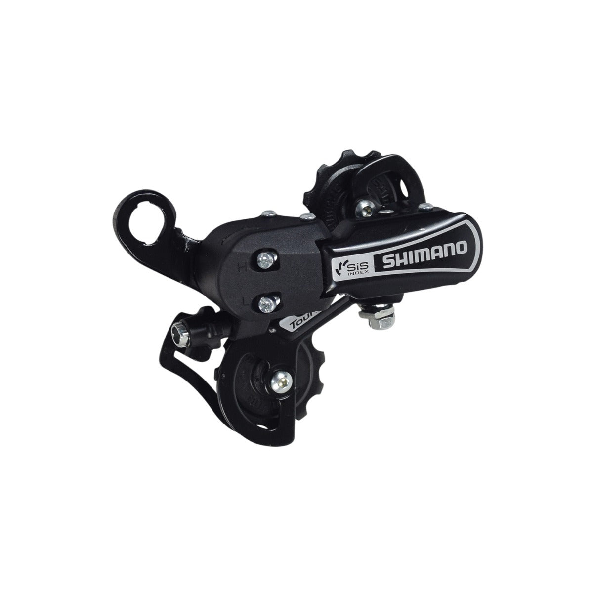 7-speed Medium Cage Rear Derailleur for the Swagtron EB6 Bandit Fat Tire Electric Bike, featuring a close-up of the black bicycle gear, showcasing its sturdy metal construction and adjustment points for accurate speed changes.