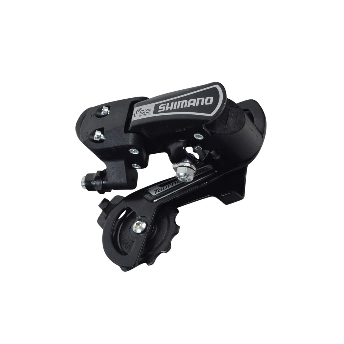 7-speed Medium Cage Rear Derailleur for the Swagtron EB6 Bandit Fat Tire Electric Bike, showcasing a close-up of the black gear with silver accents and visible logo, highlighting its durable metal construction.