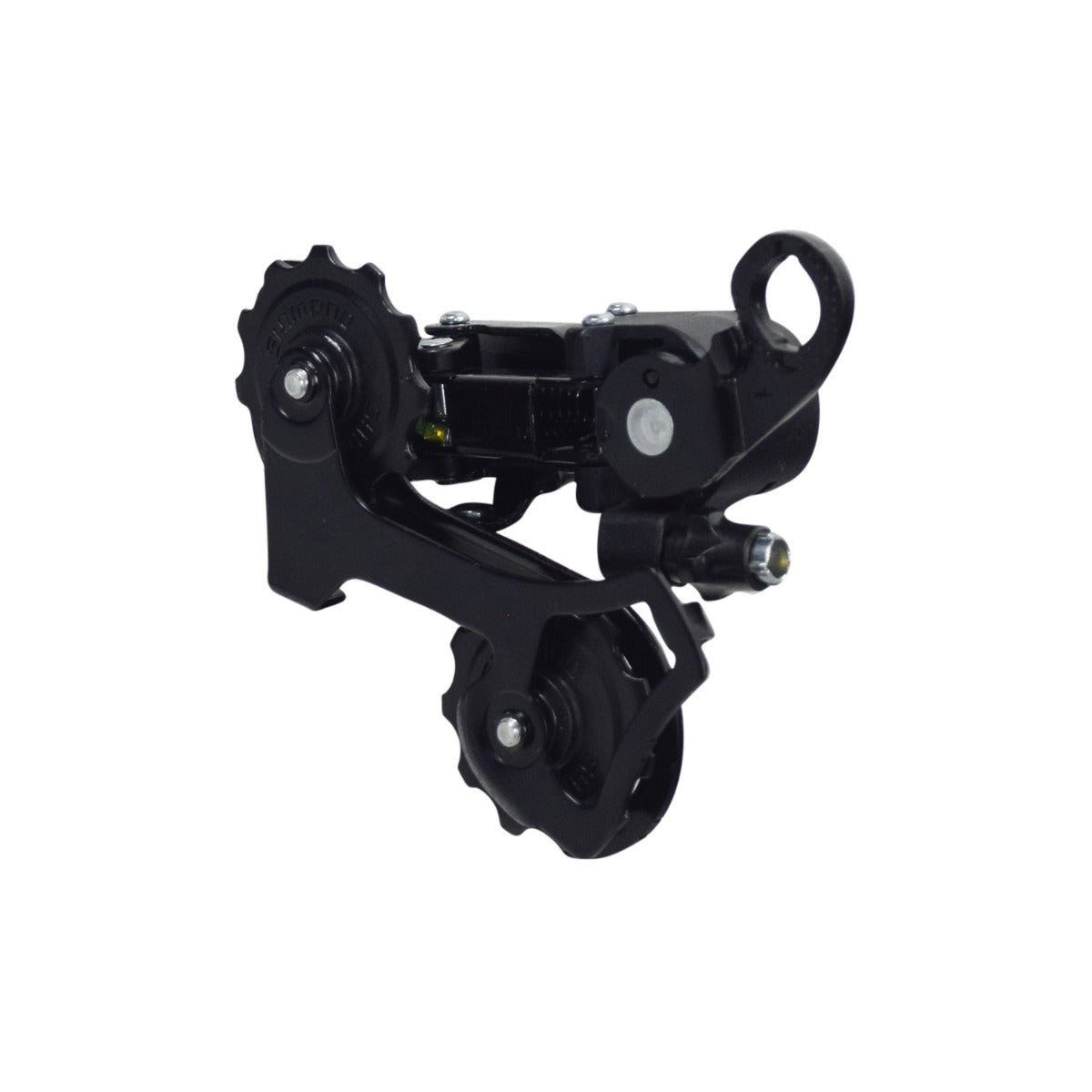 7-speed Medium Cage Rear Derailleur for the Swagtron EB6 Bandit Fat Tire Electric Bike, showing a close-up of its black metal gears and wheels, illustrating its sturdy, high-quality construction.