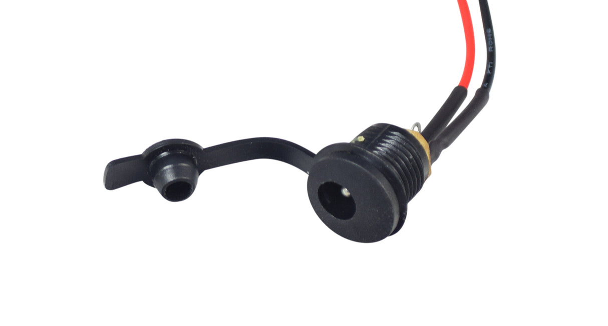 Coaxial Charging Port for the Megawheels S10 Electric Scooter (Original) featuring a black and red wire with a black plastic plug and a square 2-pin connector.