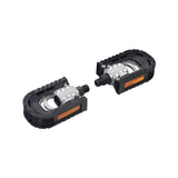 Foldable Pedals for the GOTRAX EBE1 Folding Super Sport Bike 16 in black and silver, made of ABS plastic with stainless steel folding mechanism, featuring orange reflectors on the front and back.