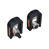 Foldable Pedals for the GOTRAX EBE1 Folding Super Sport Bike 16, shown as a pair of black and silver pedals with a foldable stainless steel mechanism and plastic orange reflectors, ensuring durability and safety.