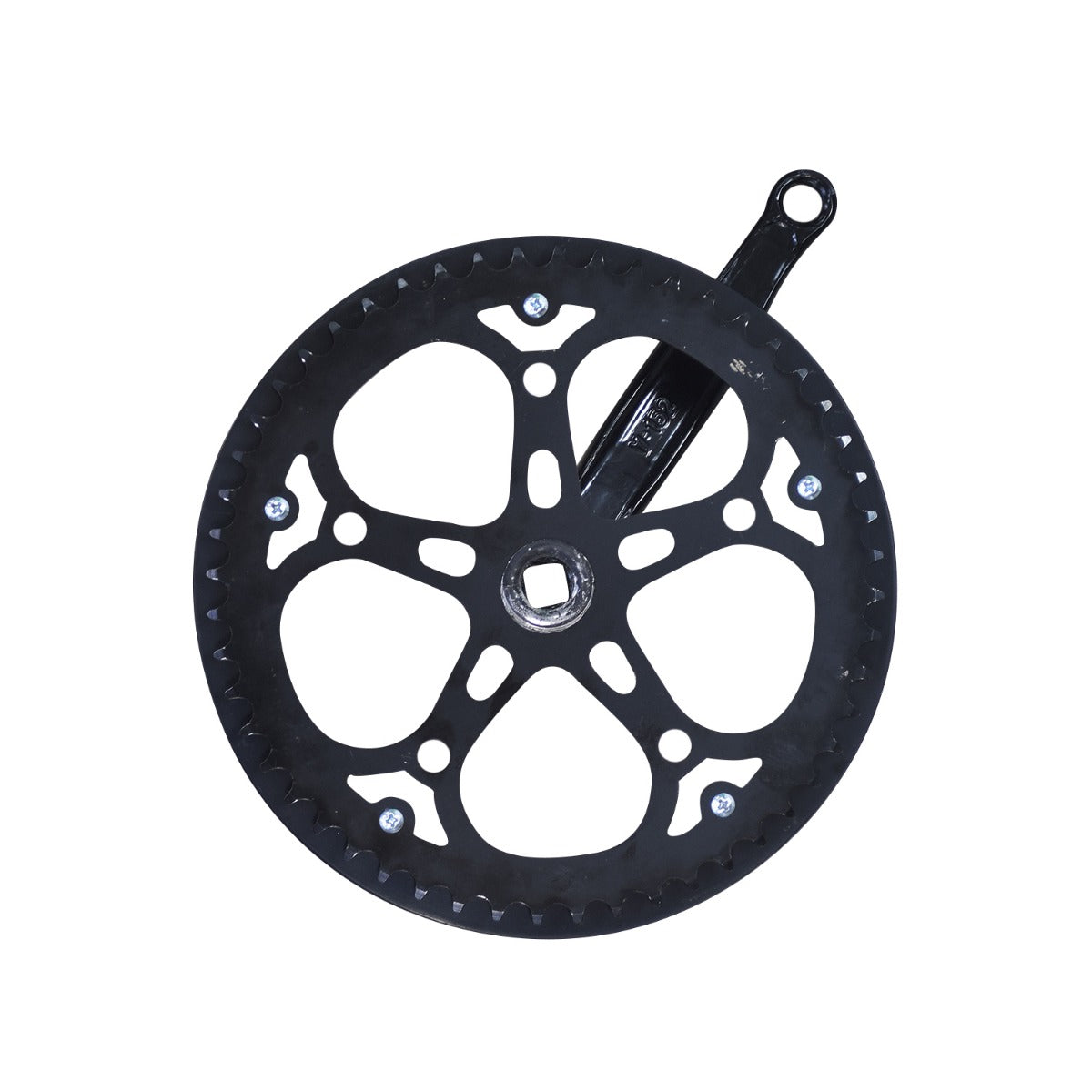 Crankshaft Set with Sprocket for the GOTRAX EBE1 Folding Super Sport Bike 16, featuring a close-up of the black 52-tooth sprocket and attached pedal stems, highlighting the high-quality metal alloy construction.