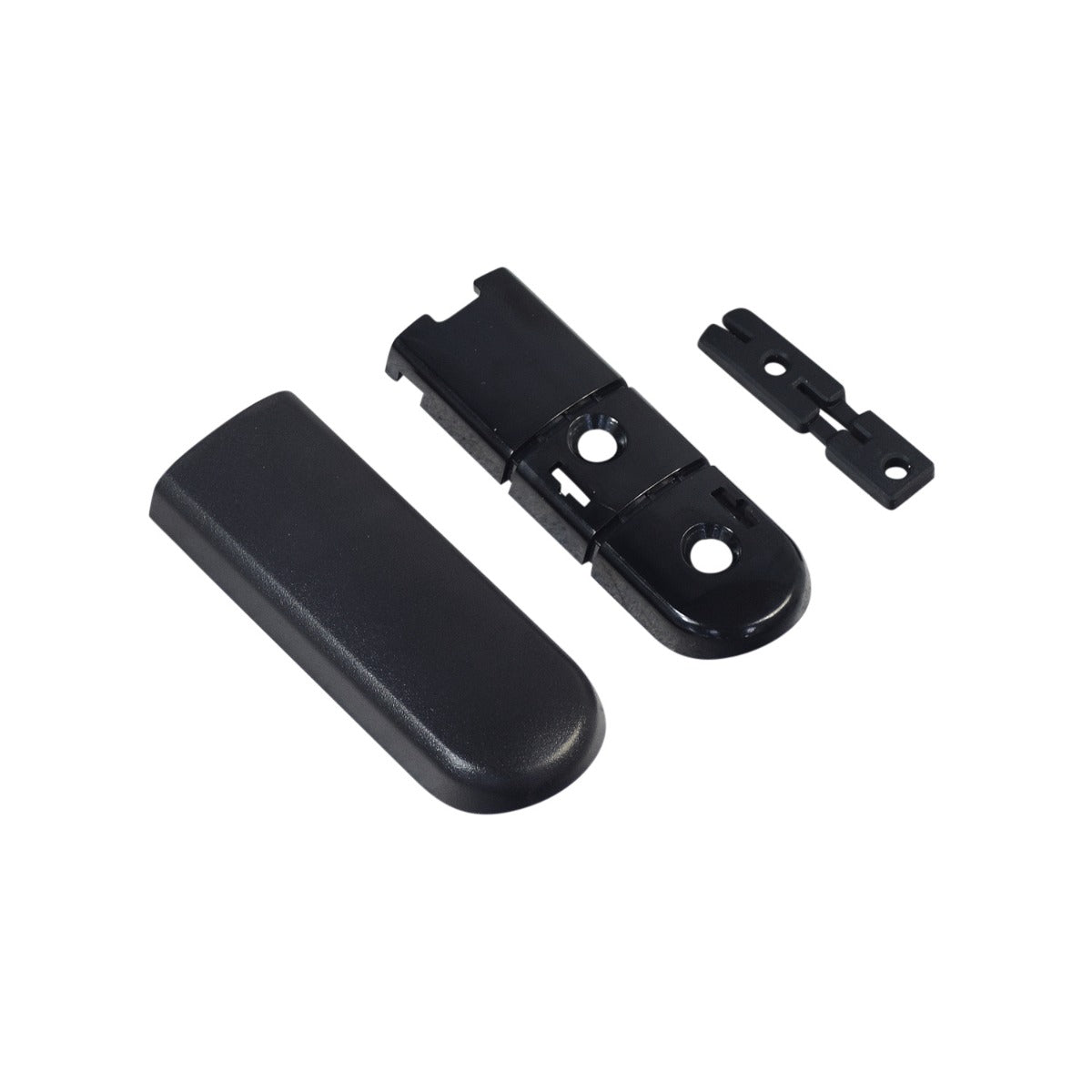 Charging Port Cover Mount for the Ninebot ES1 Electric Scooter, a durable black plastic object featuring a rectangular lid and multiple holes, designed to secure the charging port cover on the steering stem.