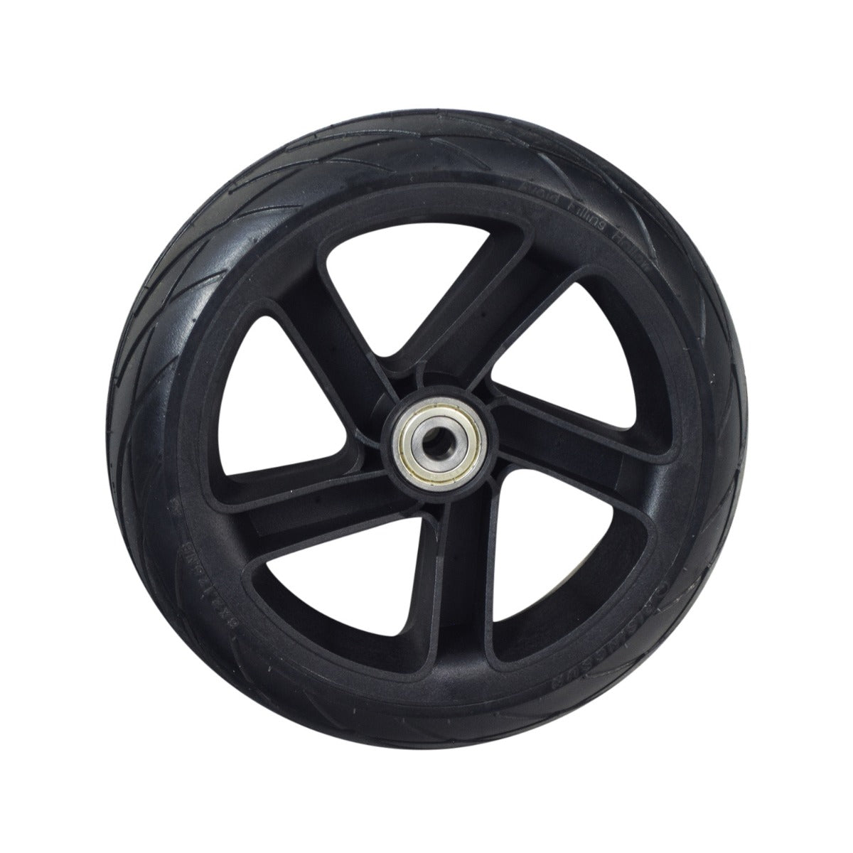 Rear Wheel Assembly for the Ninebot ES2 Electric Scooter with an 8x2.125 solid flat-free tire on a black plastic 5-spoke rim, complete with metal center and 6200Z bearings.