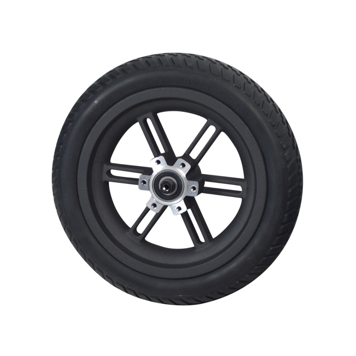 Rear Wheel Assembly for the Swagtron Swagger 5 Elite Folding Electric Scooter, featuring a solid 8.5x2.0 tire on a cast metal 6-spoke rim with six mounting holes for the brake disc.