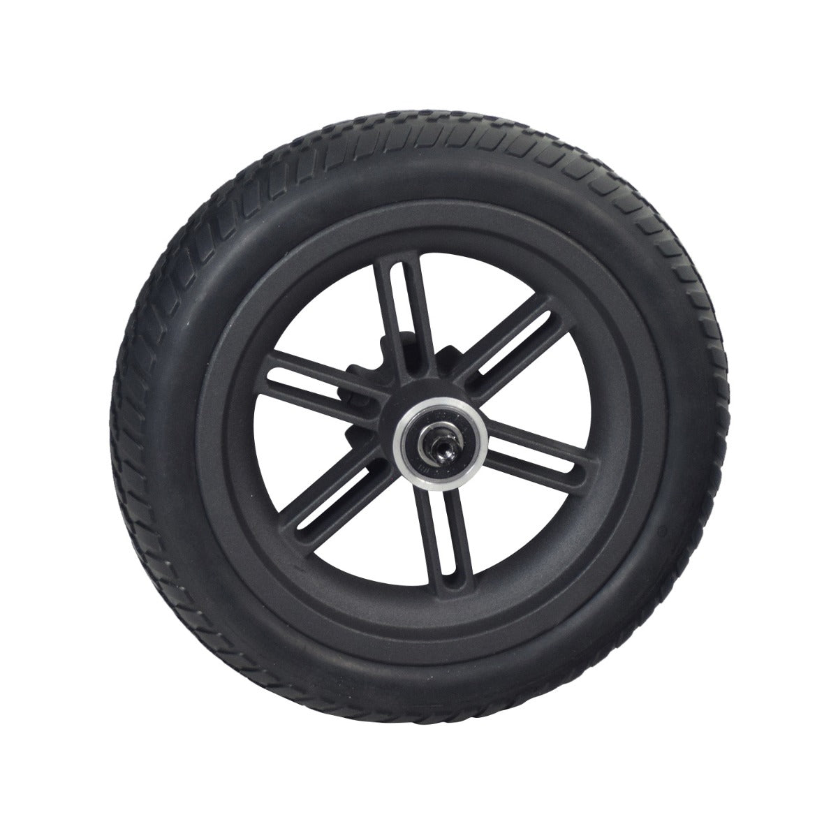 Rear Wheel Assembly for the Swagtron Swagger 5 Elite Folding Electric Scooter, featuring a solid 8.5x2 tire on a cast metal, 6-spoke rim with six brake disc mounting holes and pre-installed wheel bearing.