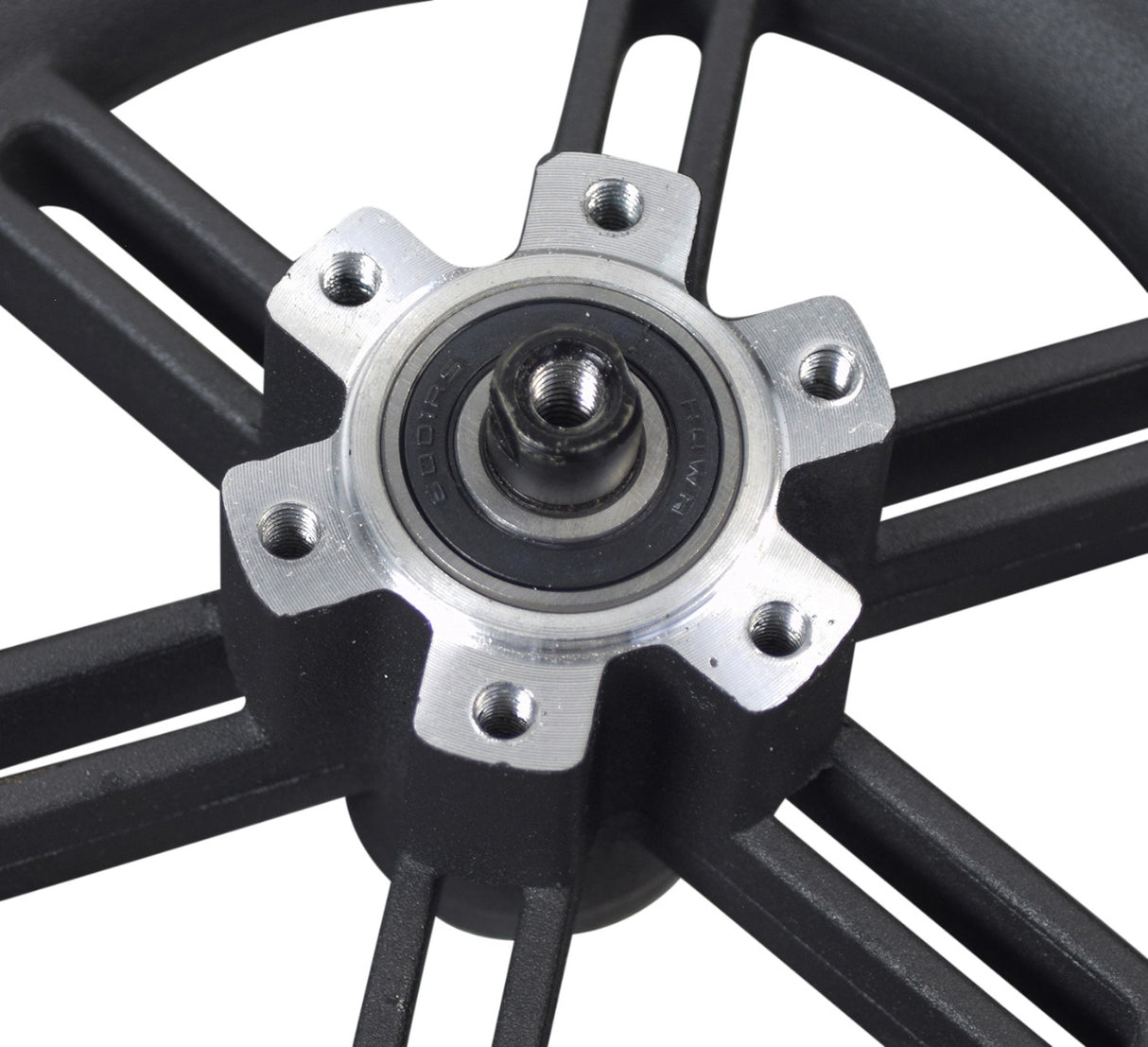 Close-up of the Rear Wheel Assembly for the Swagtron Swagger 5 Elite Folding Electric Scooter, featuring a solid 8.5 x 2 tire on a 6-spoke cast metal rim with visible screws.