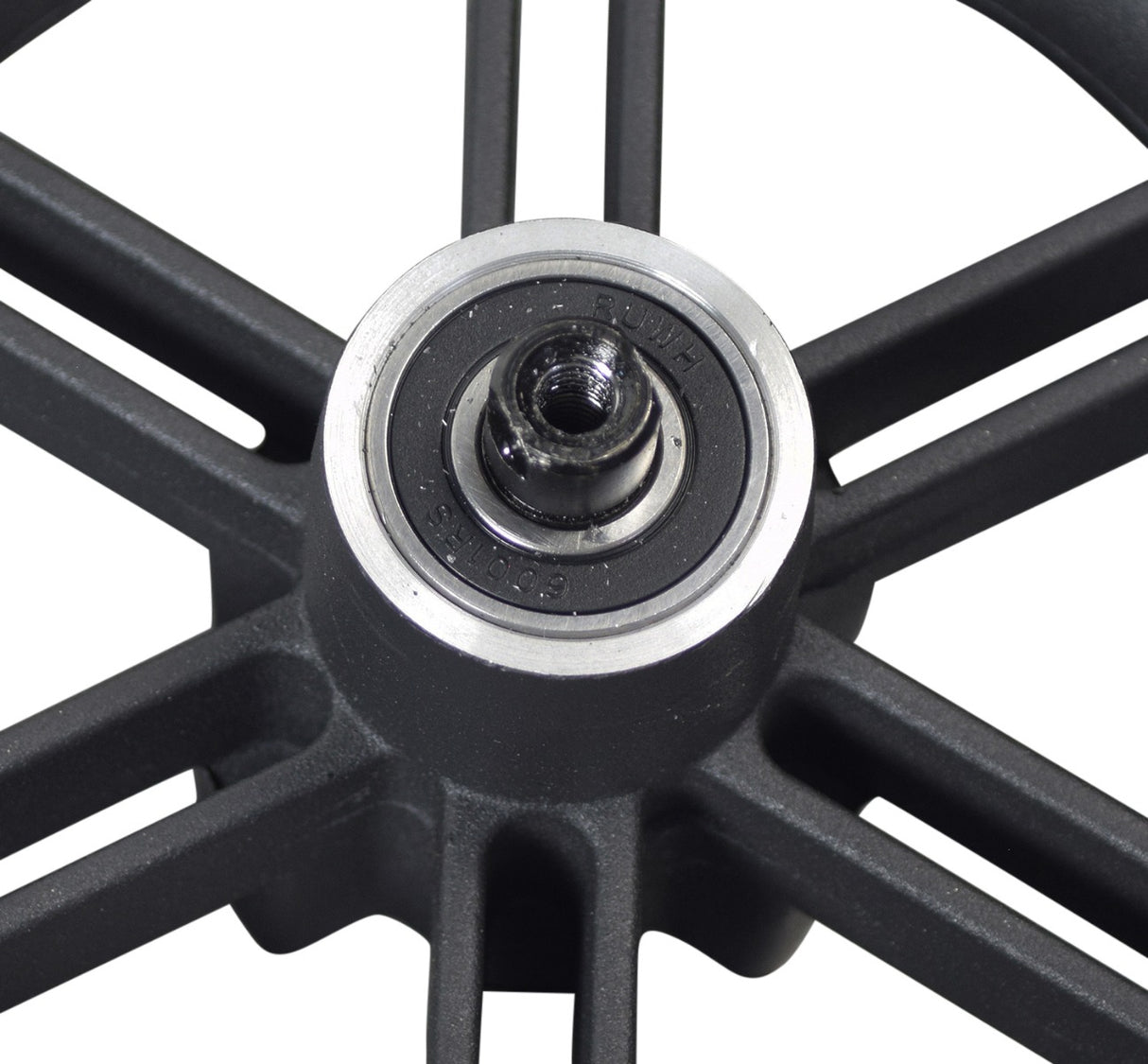 Rear Wheel Assembly for the Swagtron Swagger 5 Elite Folding Electric Scooter, featuring a close-up of the 8.5x2.0 tire on a cast metal, 6-spoke rim with visible mounting holes and wheel bearing.